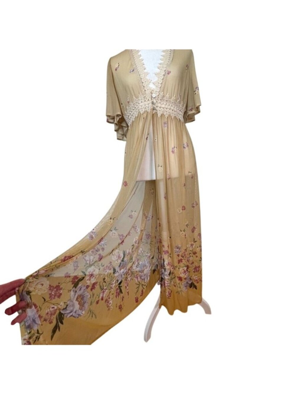 Butter Yellow Sheer Mesh Crochet Kimono Sz XL Maxi Dress Boho Country Garden - Picture 7 of 16